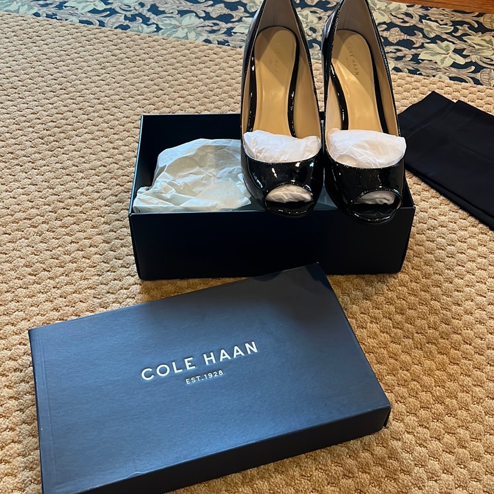 Cole Haan black patent peep toe wedges. Like new.